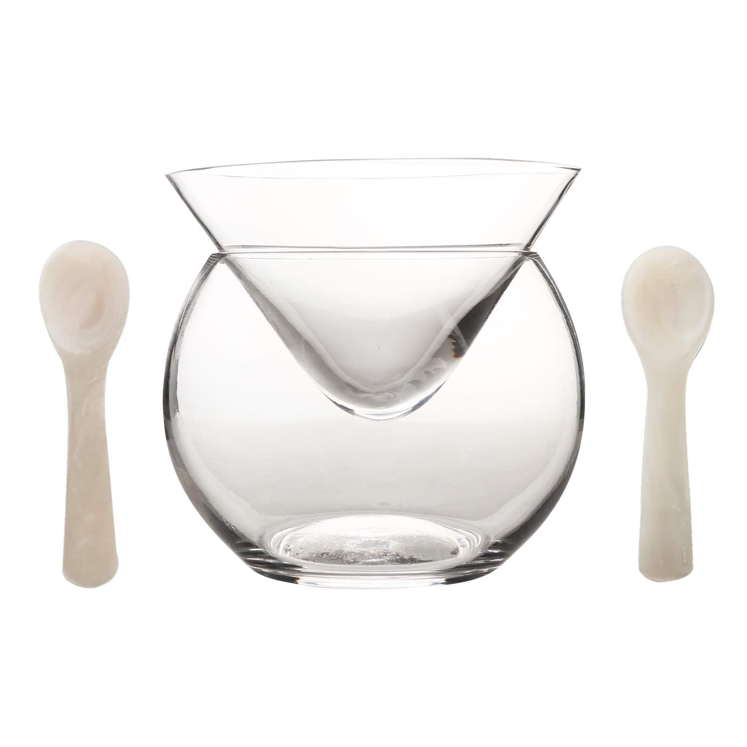 DUEBEL Glass Caviar Chiller Server Set Plus 2 pcs. x Mother of Pearl Caviar Spoon 3.15" - Universal Martini, Wine, Liquor Cocktail Chiller