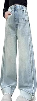 Kids Girls' Fashion Elastic Waist Wide Leg Baggy Denim Pants Straight Washed Loose Jeans Age 5-14 Years