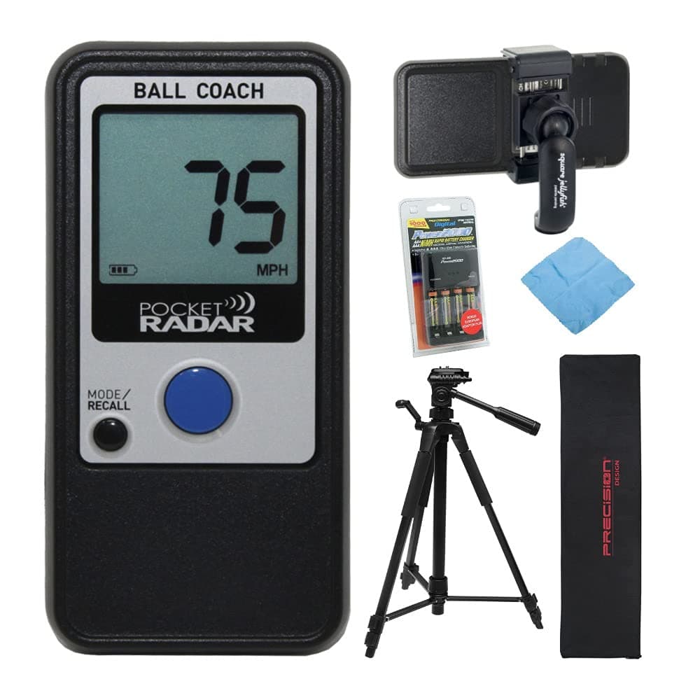 Pocket Radar Ball Coach / Pro-Level Speed Training Tool and Radar Gun + Focus Full Sized 59 Photo & Video Tripod + Square Jellyfish Pocket-Sized Spring Tripod Mount for Smartphones 2-1/4 - 3-5/8 Wide + Accessory Kit