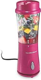 Hamilton Beach Portable Blender for Shakes and Smoothies, 14 Oz BPA Free Travel Cup & Lid, Durable Stainless Steel Blades, Personal Smoothie Blender, Raspberry, 51131G