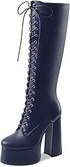 Women's High Chunky Heel Platform Knee High Boots Fashion Leather Lace Up Heeled Long Boots Wide Calf