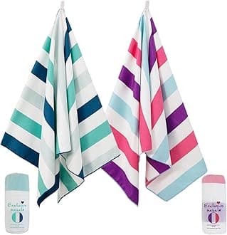 Exclusivo Mezcla 2 Pack Large Quick Dry Beach Towels, Microfiber Sand Free Cabana Stripe Pool Bath Swim Towel with Bag, Lightweight and Thin (Green and Purple, 30x60 Inches)