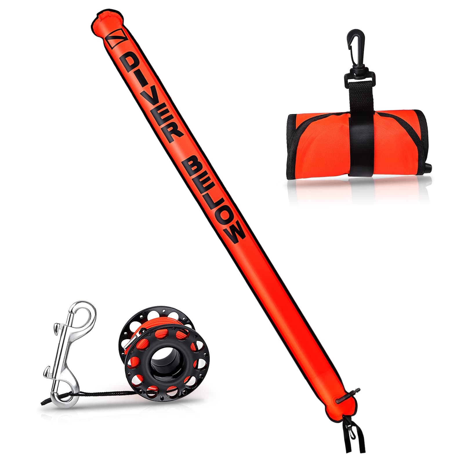 Surface Marker Buoy Set, 6ft Hi-Visibility Inflatable Closed Bottom Signal Tube Safety Sausage with 100ft/30m ABS Finger Spool Reel and Snap Kit for Underwater Scuba Diving
