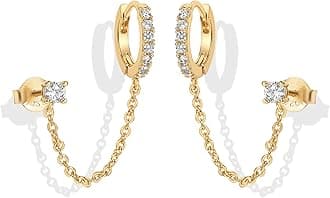 14K Gold Chain Earrings for Women | Double Piercing Dangle Chain Huggie Hoop Earrings | Cubic Zirconia Pearl Stud Earrings for Women
