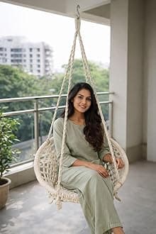 Patiofy Single Seater Home Swing For Adults&Kids|Suitable For Living Room/Balcony/Outdoor|Capacity Upto 120 Kgs|Includes Free Hanging Accessories|Handmade Jhula With Premium White Cotton Rope, 66 Cm