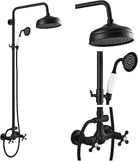 gotonovo Exposed Shower Faucet System Set Matte Black 8 Rain Shower with Handheld Spray 2 Double Knobs Handle Dual Function Shower Fixture Combo System Unit Set