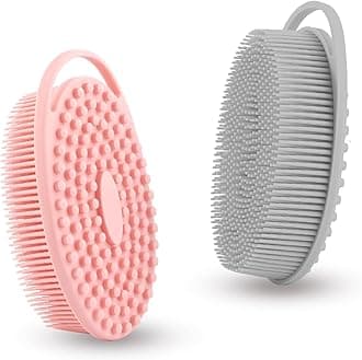 Bsofing Silicone Body Scrubber, Exfoliating Silicone Loofah, Soft Silicone Body Shower, 2 in 1 Bath and Shampoo Brush, Body Scrubber Shower Cleaning for Sensitive Skin, Lather Well 2 PCS Grey and Pink