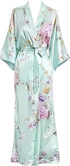 Women's Satin Kimono Robe Long - Floral, Chrysanthemum & Crane - Mist, One size