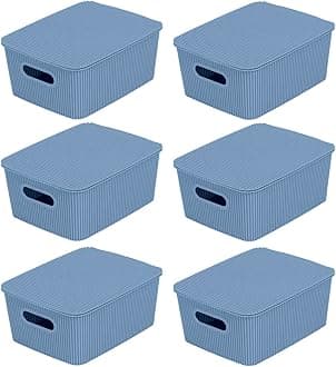 Glad Storage Baskets with Lids - Set of 6 Stackable Plastic Boxes with Handles - Decorative Shelf Organizer Bins for Bathroom and Closet, Blue, 1 Gallon