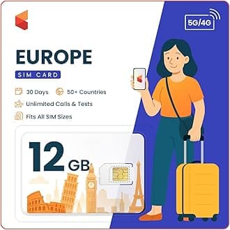 SimCorner Europe UK Travel SIM Card (12GB, 30 Days) - Prepaid SIM w/Data, Unlimited Calls & SMS to EU & UK Numbers - 3-in-1 Hotspot/Tethering Card: Standard, Micro, Nano SIM for Unlocked Phones