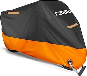 Favoto Updated Version Motorbike Cover 210D Waterproof Motorcycle Cover XXL UV Scratch Bird Droppings Heat-Resistant Outdoor Protection 96.5 x 41x 50 inch with 2 Windproof Buckles, Black-Orange