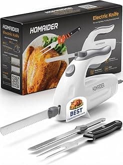 - Homaider Electric Knife for Meat Slicing, Turkey, Carving Meat, Bread & More | Ergonomic Handle + 2 Carving Reciprocating Stainless Steel Blades and Serving Fork Included, 6 Foot Cord