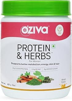 OZIVAProtein & Herbs for Women, Mango Natural Protein Powder for Women for Weight Control, Better Metabolism & Hormonal Balance with Multivitamin for Women, Phw 500G, Mango