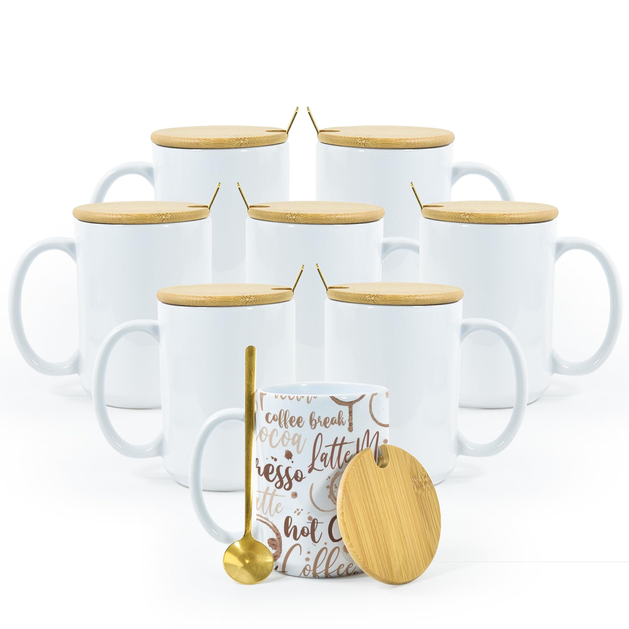 AGH 8pcs Sublimation Mugs 15 oz Blank Bulk, White Ceramic Plain Mugs with Bamboo Lids & Stainless Steel Spoons for Coffee, Soup, Tea, Milk, Latte