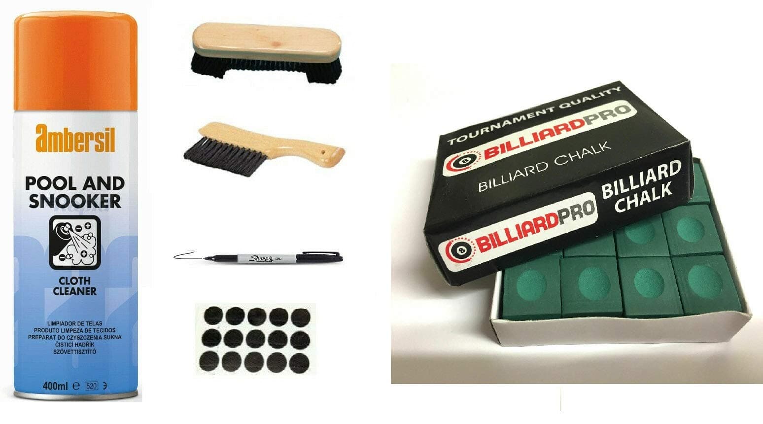 cueball16 POOL TABLE CLOTH RE MARK KIT, 2 BRUSHES, CLOTH CLEANER + CHALKS & R.L.B.C. Sales Instruction Sheet