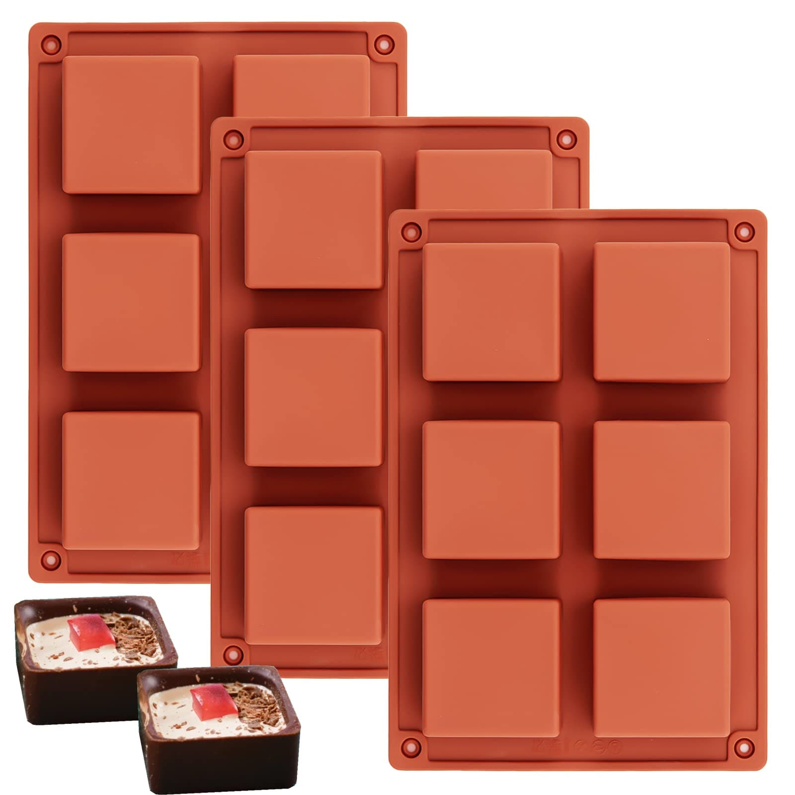 3Pcs Silicone Brownie Pan 2" x 2" x 1" Square Chocolate Baking Molds for Brownie Bites, Muffins, Fudges, Truffles, Keto Fat Bombs