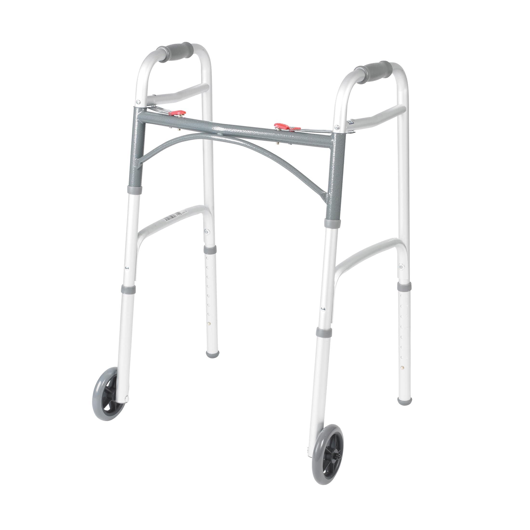 Two-Button Folding Walker w/ Wheels - Lightweight Rolling Mobility Support - Desk Arms - Adjustable Height - Dual Push-Button Operation - 5 Inch Front Wheels - Durable Aluminum - Silver