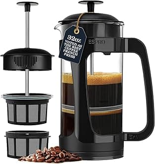 P3 French Press Coffee Maker – Patented Double Micro-Filter for Grit-Free Brew, Heat Resistant thicker Borosilicate Glass Coffee press – (Black 32 oz)