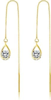 Reffeer Solid 925 Sterling Silver CZ Droplet Chain Dangle Earrings for Women Teen Girls Tassel Dangle Earrings Threader