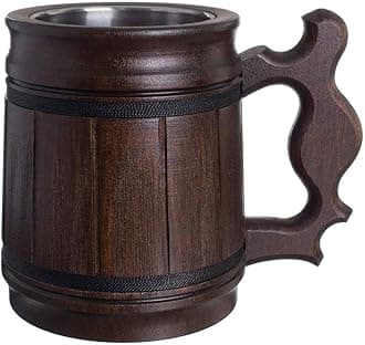 MFC Beer Mug 10 OZ - Coffee Mug - Beer stein - Wooden beer mug - Stainless Steel Cup - Handmade Gifts for Men - Fathers Day, Christmas or Birthday Gift Idea - Men Mug - Classic Brown