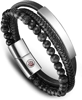 Casisto.J Mens Leather Bracelet – Classic Handmade Braided Black & Brown Cuff Bracelet with Engraved Magnetic Clasp Free Jewelry Gift Boxed