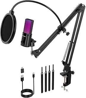 FDUCE M160 USB Gaming Microphone Kit (for PC), RGB Capacitor Podcast Microphone with Monitor Jack, Quick Mute, Gain Control, Pop Filter, Boom Stand, for Recording, Streaming, Podcasting, Gaming