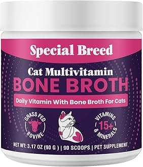 Cat Multivitamin with Grass-Fed Beef Bone Broth – Daily Supplement for Immune, Joint, Skin, Coat & Gut Health – Omega 3s, Lysine, Beta Glucan, Vitamins A-E, C, D – 90 Day Supply – No Fillers