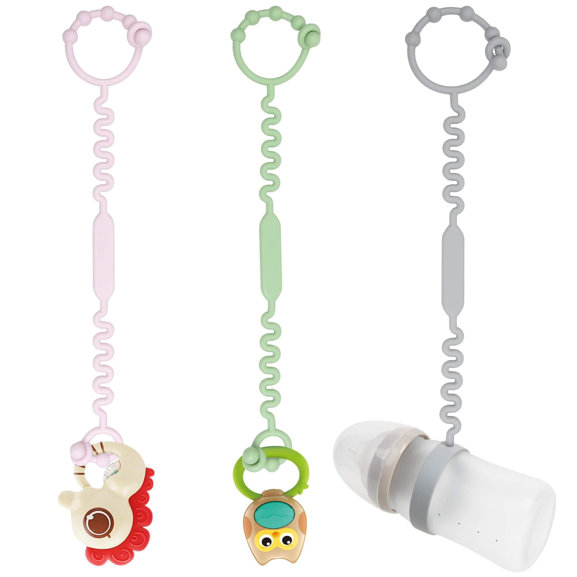 Toy Straps for Stroller, Pacifier Holder Clip with Self-Adjusting Bayonet, Pure Silicone Material Without BPA; Can Be Used for Teethers, Feeding Bottles, Toys, Baby Cribs, High Chairs(Pink-3ps)