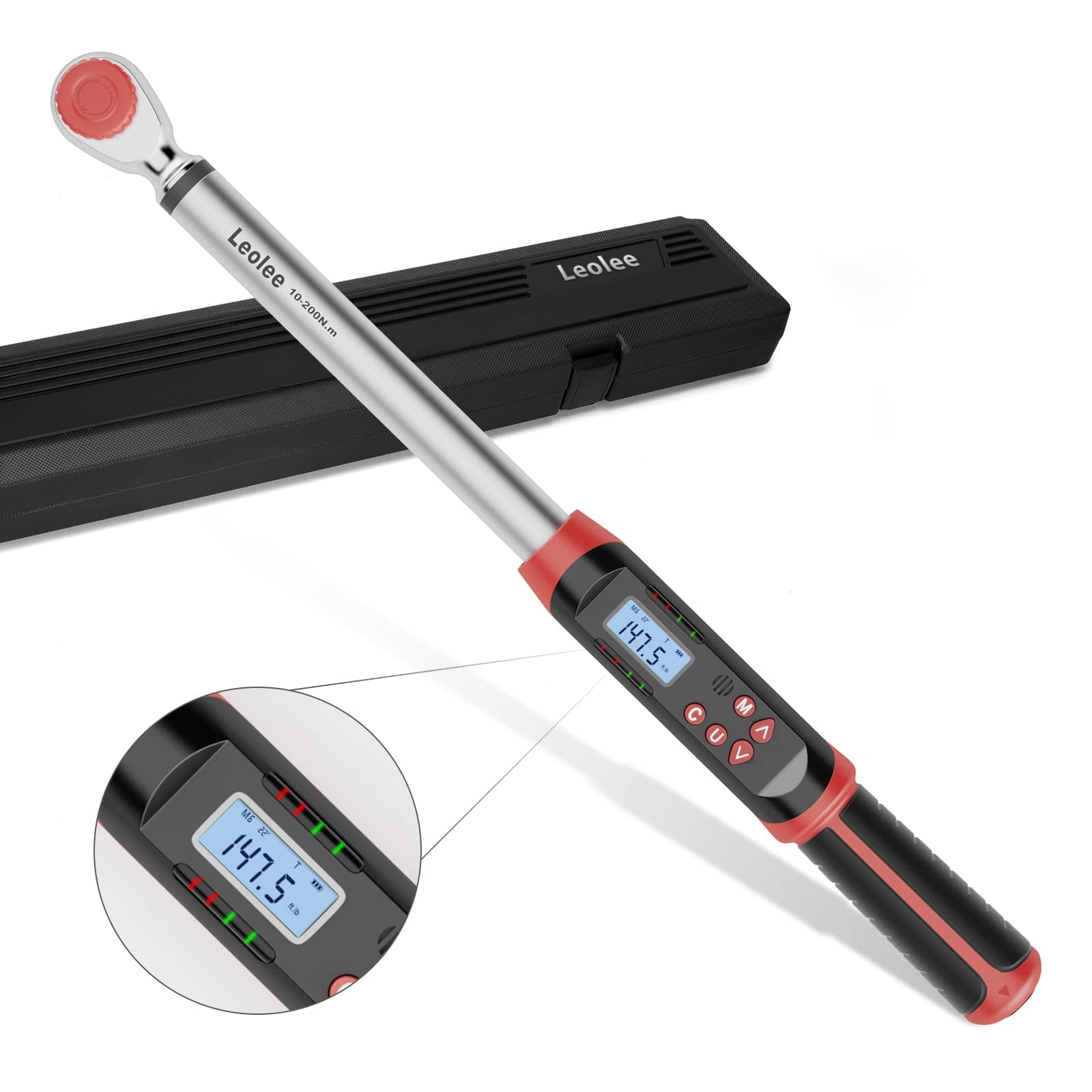 1/2-Inch Drive Digital Torque Wrench with Angle, 7.38-147.5 Ft-Lb/10-200 Nm Electronic Torque Wrench with Preset Value, Data Storage, Buzzer, LED Flash Notification for Motorcycle, Car