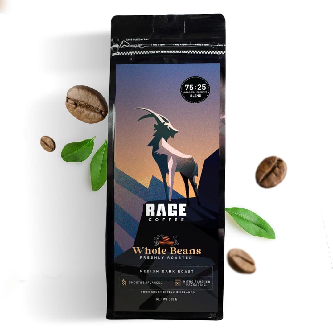 RAGE COFFEE Whole Freshly Roasted Coffee Beans | Medium Dark Roasted | Made With 100% Arabica Freshly Roasted Coffee Beans (Medium Dark Roast) (75:25) - Can, 500 Gm