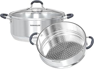 SUNHOUSE - 5.5 Quarts Steamer Pots With Lid 2-Tier Multipurpose Stainless Steel Steaming Pot Cookware For Vegetable, Dumpling, Sauce, Food - Triple Bottom, Measurement Line