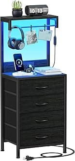 Furnulem Night Stand with Charger Station, Led Tall Nightstand with 4 Fabric Drawers, 38 Inch Bedside Table, Bed Side Table for Bedroom, Office, Black Oak