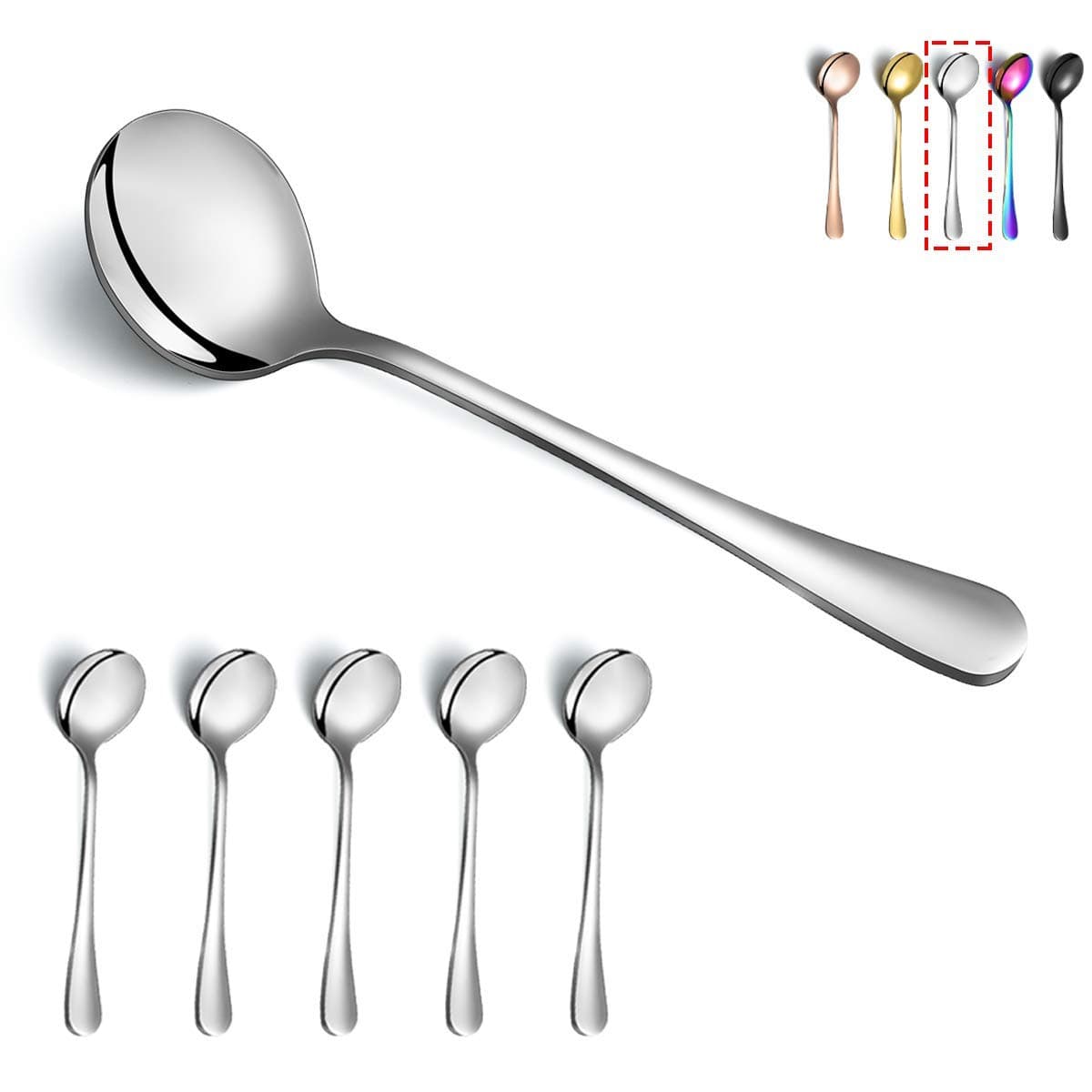 6-Piece Stainless Steel Round Soup Spoons - Dinner & Table Spoons, Silverware Set, Dishwasher Safe