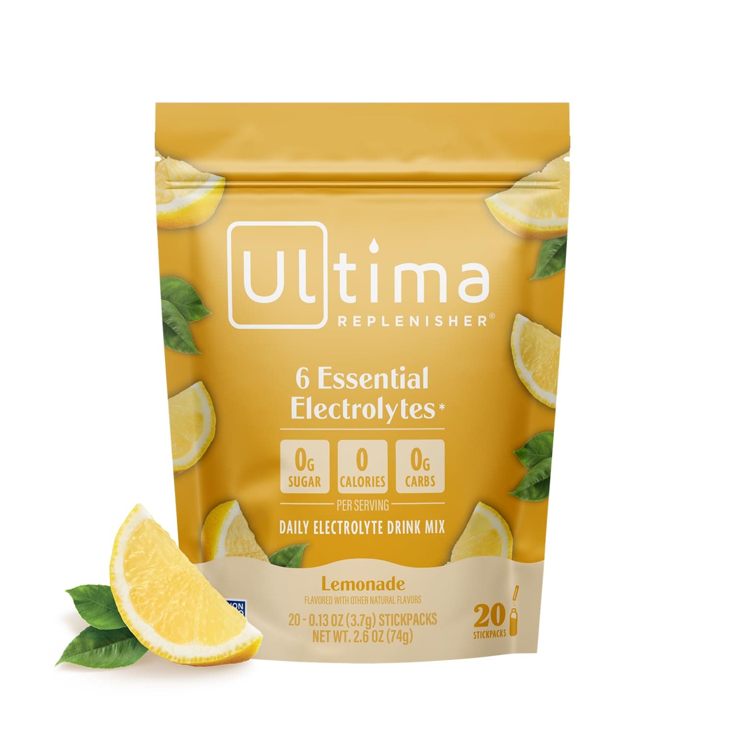 Ultima Replenisher Daily Electrolyte Powder – Lemonade, 20 Stickpacks – Zero Sugar Hydration Packets with 6 Electrolytes and Minerals – Sugar Free, Plant Based & Keto Friendly Drink Mix