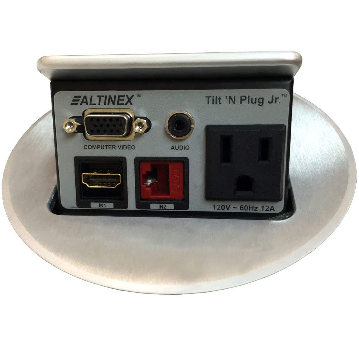 Tilt N Plug Jr. Circular Digital Silver TNP120C Power Data Center - HDMI, VGA, Audio, RJ45, 1 x AC Power