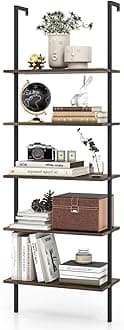 5 Tier Modern Wall Mounted Bookshelf Rustic Brown, 71" Industrial Wood Bookcase with Steel Frame, Stand Display Storage Rack Organizer Ladder Shelf for Living Room, Kitchen