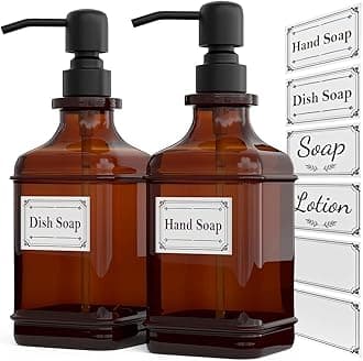 GLADPURE Soap Dispenser 2 Pack, Hand Soap Dispensers with 18 Oz Antique Design Thick Amber Glass Bottle, 316 Rust Proof Stainless Steel Black Pump, 6Pcs Stickers, for Lotion, Soap, Essential Oil