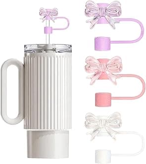 3 Pcs Bow Straw Topper Compatible with Stanley 30&40 oz Tumbler Cups, Reusable 10mm Straw Toppers for Stanley Cups Straw Accessories (White/Pink/Purple)