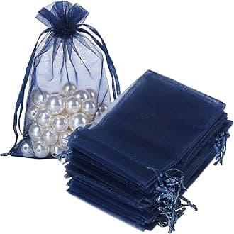 HRX Package 100pcs Organza Gift Bags Navy Blue, 4 x 6 inch Mesh Jewelry Pouches Drawstring Party Favor Bags for Small Sample Christmas Candy