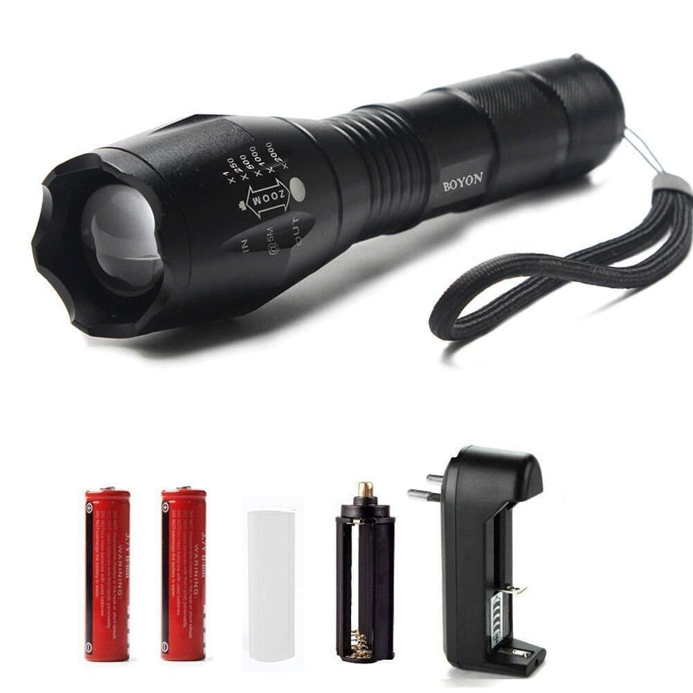 Torch LED Hand Lamp Portable Flashlight 900 Lumen 5 Mode Focusing Adjustable Focus LED Torch Includes 2 Rechargeable Battery For Camping And Hiking [Energy Class A+] [Energy Class A+]