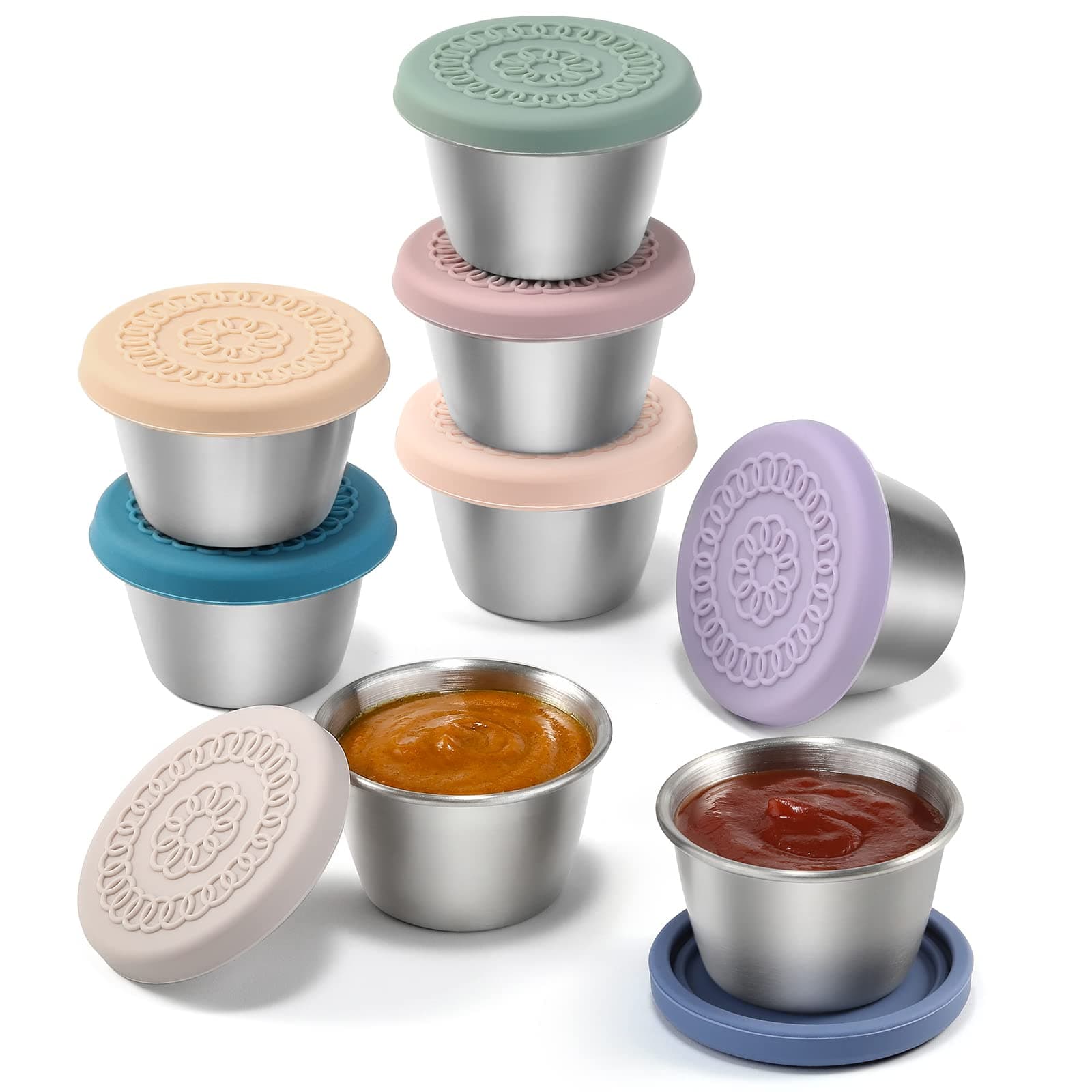 VITEVER [8 Pack] Salad Dressing Container To Go, 2.4oz Small Condiment Containers with Leakproof Silicone Lids, Reusable Stainless Steel Sauce Cups for Lunch Bento Box, Picnic and Travel