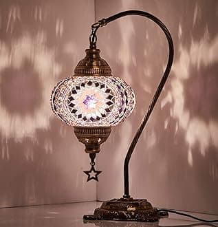 DEMMEX Authentic Turkish Lamp, Made in Turkey, Turkish Moroccan Mosaic Table Bedside Lamp, 100% Handcrafted, Antique Brass Color Metal Body and Decorated Metal Base, Gooseneck, 15", (Purple-Lilac)