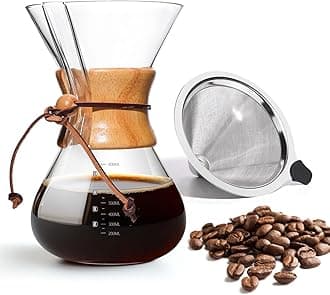 34 OZ Pour Over Coffee Maker, 8 Cup Borosilicate Glass Drip Coffee Maker with Reusable Stainless Steel Filter and Cork Grip for Home Café 800 ML