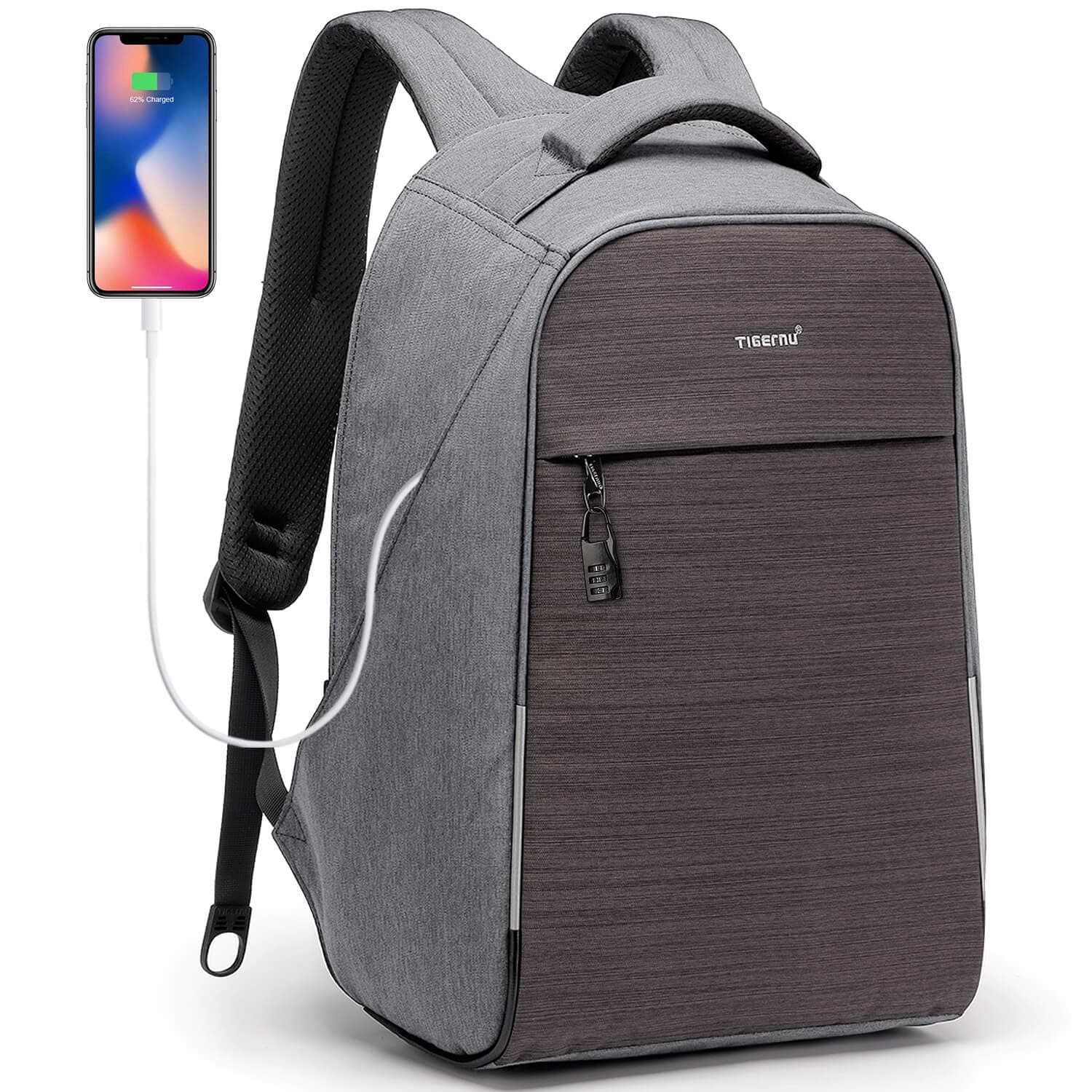 Anti-Theft Laptop Backpack with Lock and USB Charging Port, TSA Friendly Business Travel Backpacks Gifts for Men and Women, Lightweight College Fits 15.6 Inches Laptop, Grey