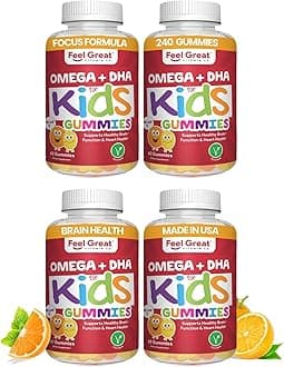 Feel Great Vitamins Kids DHA Gummies with Omega 3 6 9, Vitamin C | Supports Healthy Brain Function, Vision & Heart Health | Gluten Free, Vegetarian | 60 Gummies