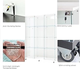 Shengrunner Frameless Glass Display Cabinet, Curio Cabinet Display Case with Locks and Hinged Doors, Quick-Install Floor Standing Large Showcase Display Shelf for Collectibles, Legos, Figures, Plants