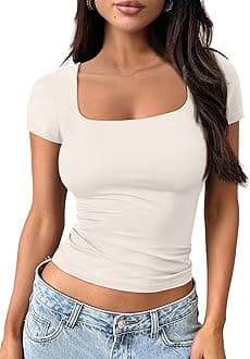 Double Lined Short Sleeve Tshirts for Women Square Neck Cute Crop Top Spring Summer Basic Tees Workout Going Out