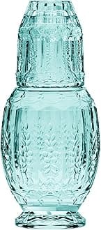 Elle Decor Vintage Bedside Water Carafe with Tumbler Glass – Elegant Pitcher and Matching Drinking Cup Doubles As Lid (Green)