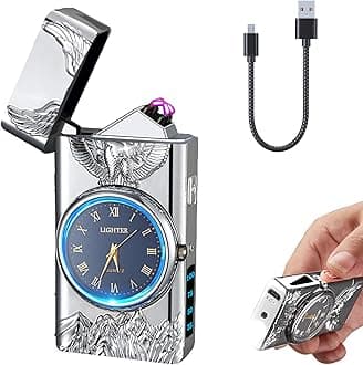 Electric Lighter with Clock YOZWOO USB Rechargeable Lighter with LED Light, Plasma Dual Arc Lighters with LED Power Display for Candle, Cool Lighters Gifts for Men and Women (Silver-Eagle)