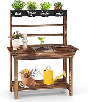 Costzon Kids Potting Bench, Wood Toy Gardening Center with 4 Pots, Chalkboard, Removable Sink, Storage Shelves, Mud Kitchen for Kids Outdoor Play Kitchen, Gift for Boys Girls 3+